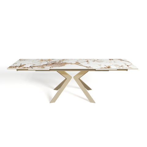 Table extensible Cassia Céramique verre trempé et Pieds dorés 160x90x76cm