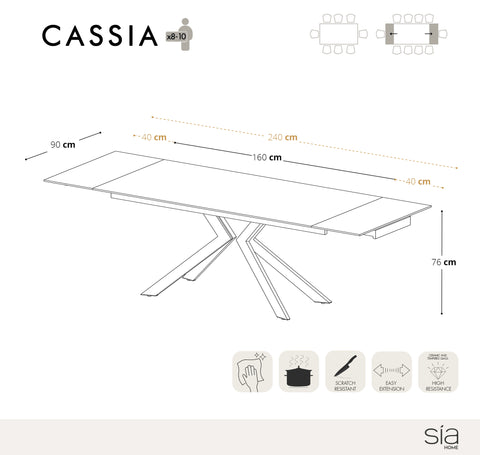 Table extensible Cassia Céramique verre trempé et Pieds dorés 160x90x76cm