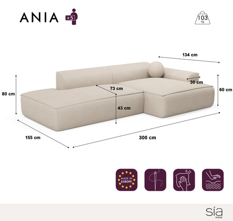 Canapé angle droit 300cm ANIA Tissu tramé