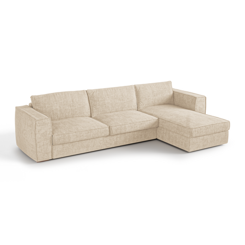 Canapé d'angle droit convertible express matelas Dunlopillo 140cm avec coffre de rangement finition noyer ARTUR Tissu tramé
