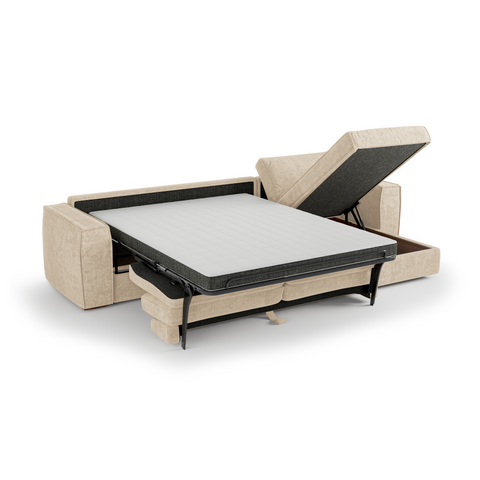 Canapé d'angle droit convertible express matelas Dunlopillo 140cm avec coffre de rangement finition noyer ARTUR Tissu tramé