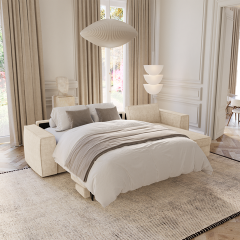 Canapé d'angle droit convertible express matelas Dunlopillo 140cm avec coffre de rangement finition noyer ARTUR Tissu tramé