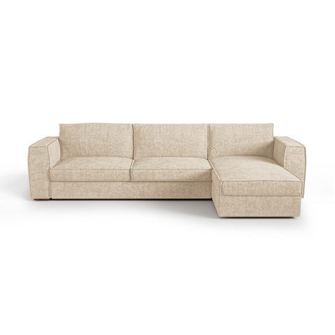 Canapé d'angle droit convertible express matelas Dunlopillo 140cm avec coffre de rangement finition noyer ARTUR Tissu tramé
