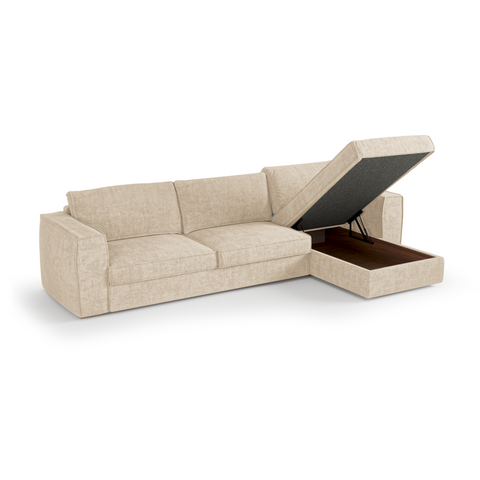 Canapé d'angle droit convertible express matelas Dunlopillo 140cm avec coffre de rangement finition noyer ARTUR Tissu tramé