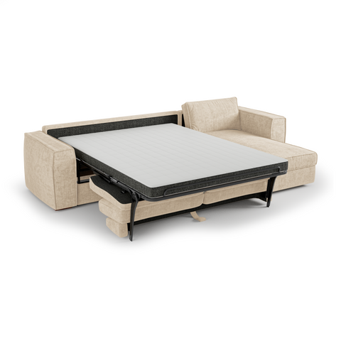 Canapé d'angle droit convertible express matelas Dunlopillo 140cm avec coffre de rangement finition noyer ARTUR Tissu tramé