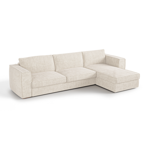 Canapé d'angle droit convertible express matelas Dunlopillo 140cm avec coffre de rangement finition noyer ARTUR Tissu tramé