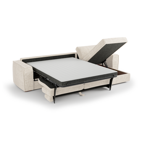 Canapé d'angle droit convertible express matelas Dunlopillo 140cm avec coffre de rangement finition noyer ARTUR Tissu tramé