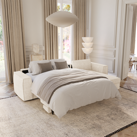 Canapé d'angle droit convertible express matelas Dunlopillo 140cm avec coffre de rangement finition noyer ARTUR Tissu tramé