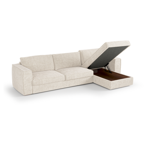 Canapé d'angle droit convertible express matelas Dunlopillo 140cm avec coffre de rangement finition noyer ARTUR Tissu tramé