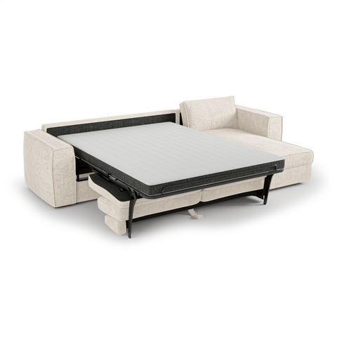 Canapé d'angle droit convertible express matelas Dunlopillo 140cm avec coffre de rangement finition noyer ARTUR Tissu tramé