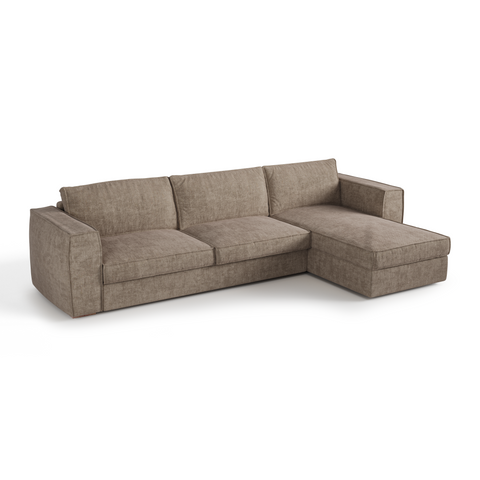 Canapé d'angle droit convertible express matelas Dunlopillo 140cm avec coffre de rangement finition noyer ARTUR Tissu tramé