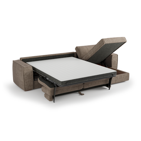 Canapé d'angle droit convertible express matelas Dunlopillo 140cm avec coffre de rangement finition noyer ARTUR Tissu tramé