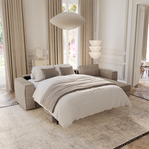 Canapé d'angle droit convertible express matelas Dunlopillo 140cm avec coffre de rangement finition noyer ARTUR Tissu tramé