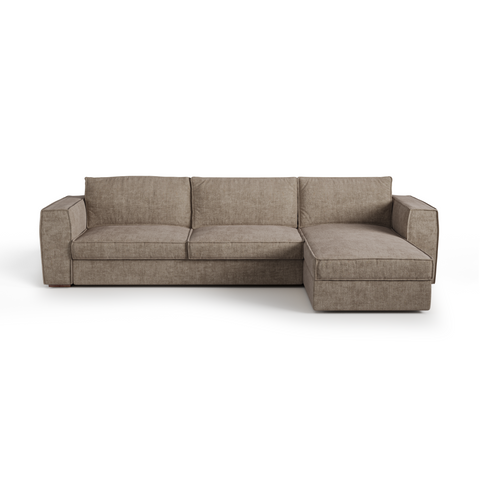 Canapé d'angle droit convertible express matelas Dunlopillo 140cm avec coffre de rangement finition noyer ARTUR Tissu tramé
