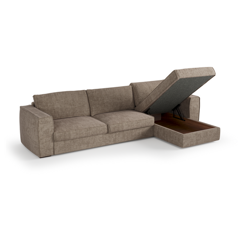 Canapé d'angle droit convertible express matelas Dunlopillo 140cm avec coffre de rangement finition noyer ARTUR Tissu tramé