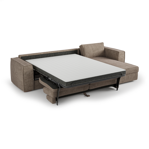 Canapé d'angle droit convertible express matelas Dunlopillo 140cm avec coffre de rangement finition noyer ARTUR Tissu tramé