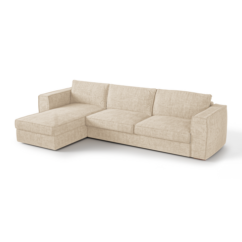 Canapé d'angle gauche convertible express matelas Dunlopillo 140cm avec coffre de rangement finition noyer ARTUR Tissu tramé