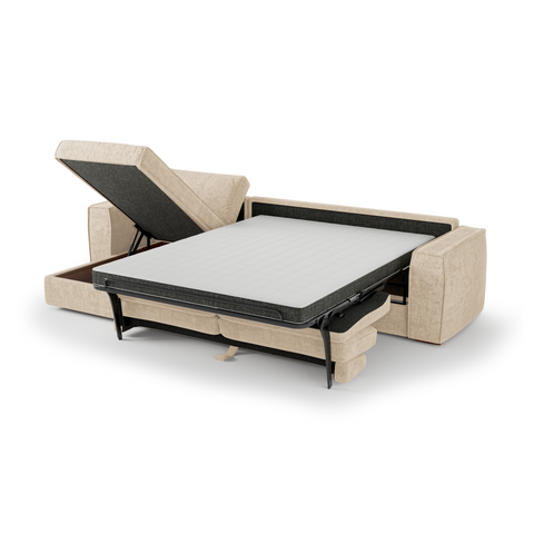 Canapé d'angle gauche convertible express matelas Dunlopillo 140cm avec coffre de rangement finition noyer ARTUR Tissu tramé