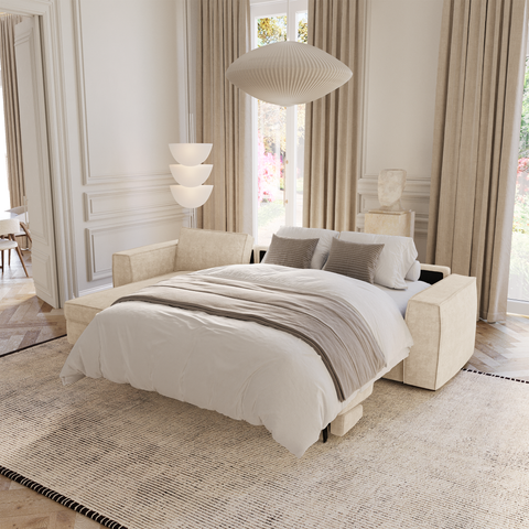Canapé d'angle gauche convertible express matelas Dunlopillo 140cm avec coffre de rangement finition noyer ARTUR Tissu tramé