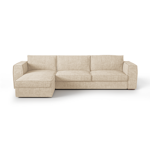 Canapé d'angle gauche convertible express matelas Dunlopillo 140cm avec coffre de rangement finition noyer ARTUR Tissu tramé