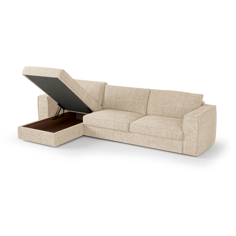 Canapé d'angle gauche convertible express matelas Dunlopillo 140cm avec coffre de rangement finition noyer ARTUR Tissu tramé