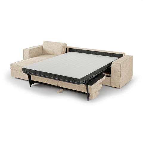 Canapé d'angle gauche convertible express matelas Dunlopillo 140cm avec coffre de rangement finition noyer ARTUR Tissu tramé