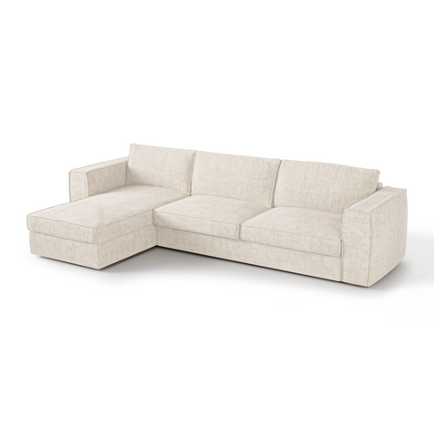 Canapé d'angle gauche convertible express matelas Dunlopillo 140cm avec coffre de rangement finition noyer ARTUR Tissu tramé