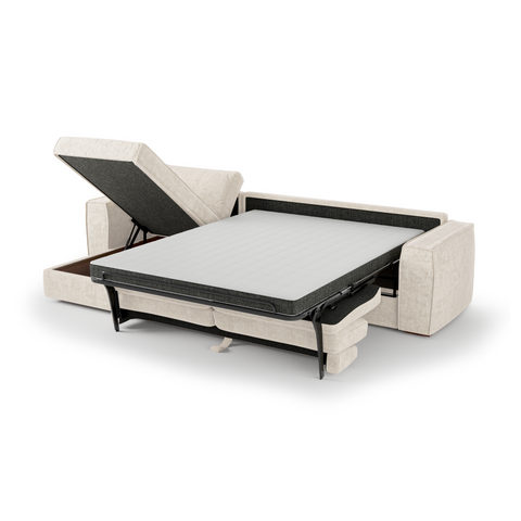 Canapé d'angle gauche convertible express matelas Dunlopillo 140cm avec coffre de rangement finition noyer ARTUR Tissu tramé