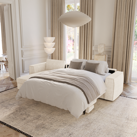 Canapé d'angle gauche convertible express matelas Dunlopillo 140cm avec coffre de rangement finition noyer ARTUR Tissu tramé