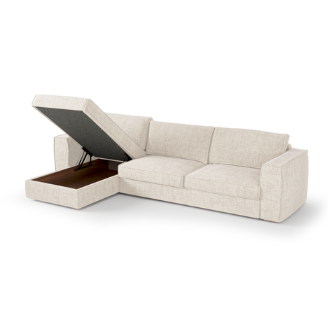 Canapé d'angle gauche convertible express matelas Dunlopillo 140cm avec coffre de rangement finition noyer ARTUR Tissu tramé
