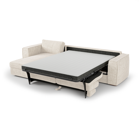 Canapé d'angle gauche convertible express matelas Dunlopillo 140cm avec coffre de rangement finition noyer ARTUR Tissu tramé