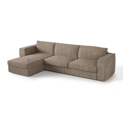 Canapé d'angle gauche convertible express matelas Dunlopillo 140cm avec coffre de rangement finition noyer ARTUR Tissu tramé