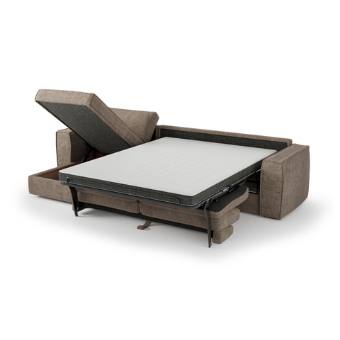 Canapé d'angle gauche convertible express matelas Dunlopillo 140cm avec coffre de rangement finition noyer ARTUR Tissu tramé
