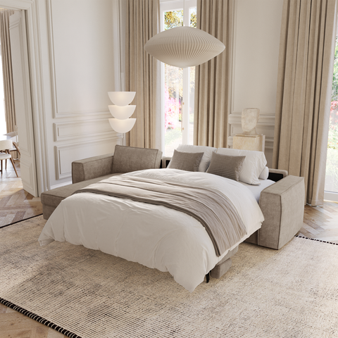 Canapé d'angle gauche convertible express matelas Dunlopillo 140cm avec coffre de rangement finition noyer ARTUR Tissu tramé