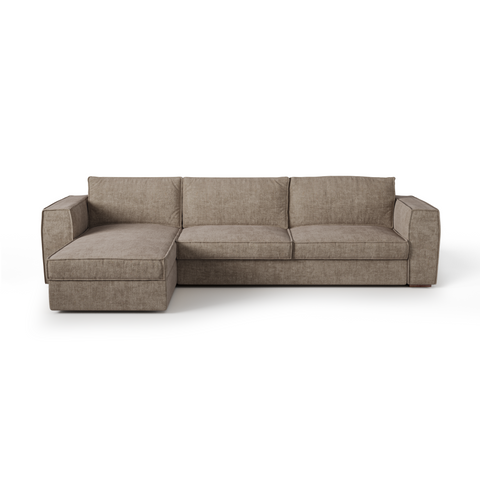 Canapé d'angle gauche convertible express matelas Dunlopillo 140cm avec coffre de rangement finition noyer ARTUR Tissu tramé