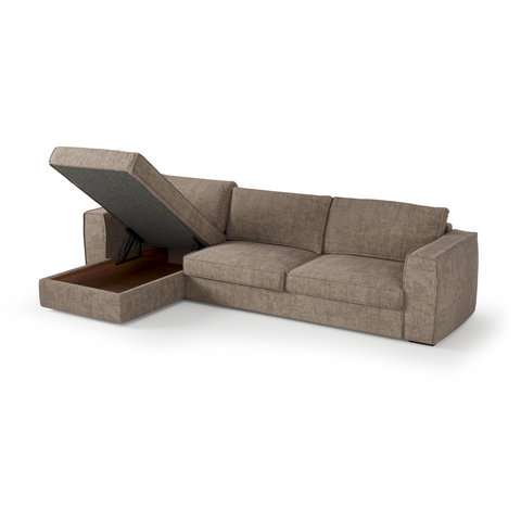 Canapé d'angle gauche convertible express matelas Dunlopillo 140cm avec coffre de rangement finition noyer ARTUR Tissu tramé