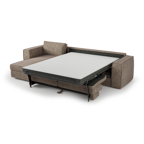 Canapé d'angle gauche convertible express matelas Dunlopillo 140cm avec coffre de rangement finition noyer ARTUR Tissu tramé