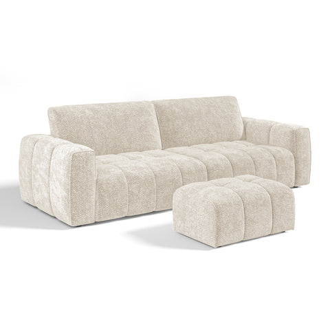 Ensemble canapé 4 places et pouf BARI velours chenillé crème
