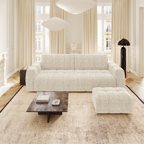 Ensemble canapé 4 places et pouf BARI velours chenillé crème