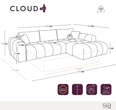 Canapé d'angle droit convertible express matelas Dunlopillo 140cm CLOUD Velours texturé