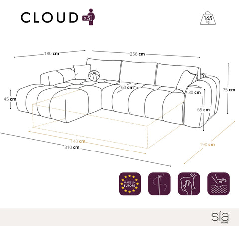 Canapé d'angle gauche convertible express matelas Dunlopillo 140cm CLOUD Velours texturé