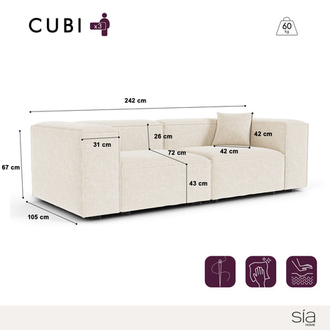 Canapé modulable 3 places CUBI velours chenillé crème