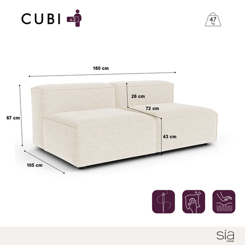 Canapé modulable 3 places CUBI velours chenillé crème