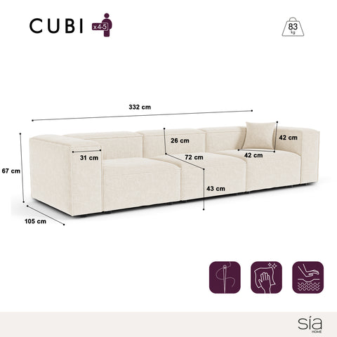 Canapé modulable 4-5 places CUBI velours chenillé crème