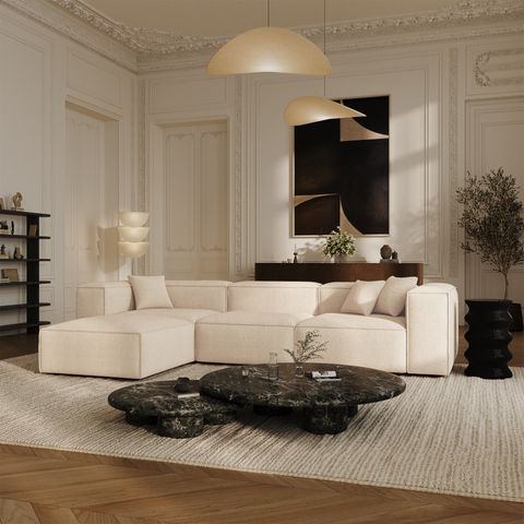 Canapé d'angle modulable 5-6 places CUBI velours chenillé crème