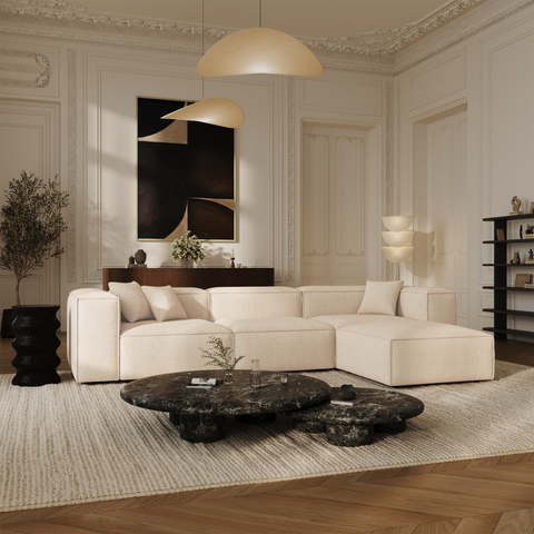 Canapé d'angle modulable 5-6 places CUBI velours chenillé crème