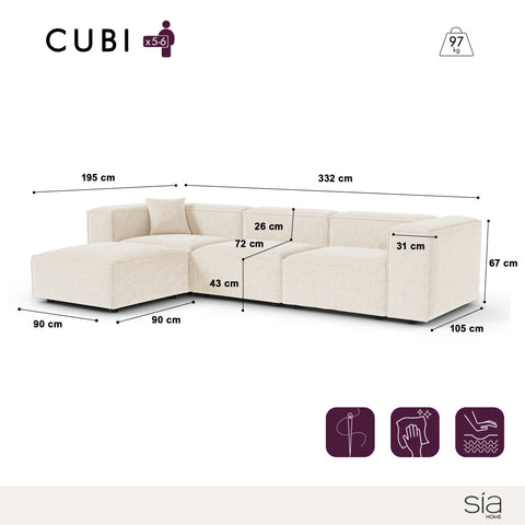 Canapé d'angle modulable 5-6 places CUBI velours chenillé crème