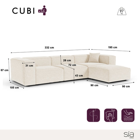 Canapé d'angle modulable 5-6 places CUBI velours chenillé crème