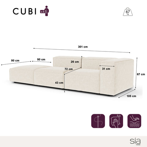 Canapé modulable 4-5 places droit CUBI velours chenillé crème