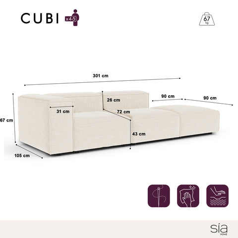 Canapé modulable 4-5 places gauche CUBI velours chenillé crème
